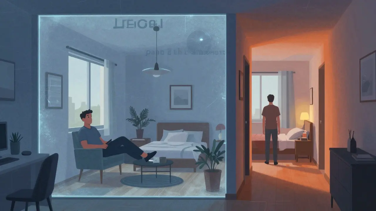 Ilustrace rozděleného bytu znázorňující pronájem jedné části prostoru.