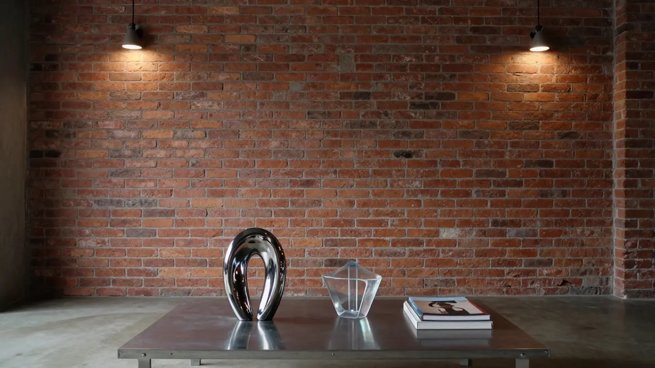 Industriální interiér s kovovými a skleněnými sochami na konferenčním stolku.