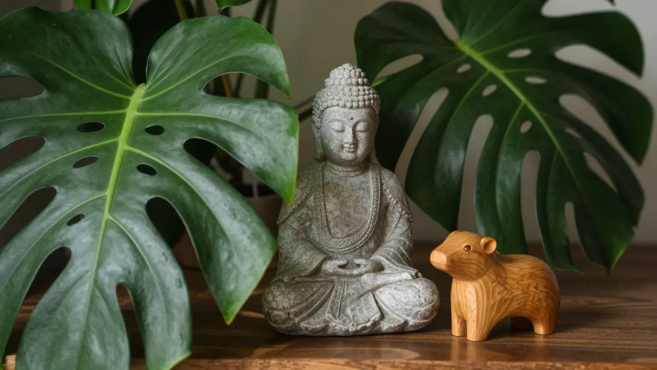 Kamenná soška Buddhy umístěná vedle zelených listů pokojové rostliny Monstera.