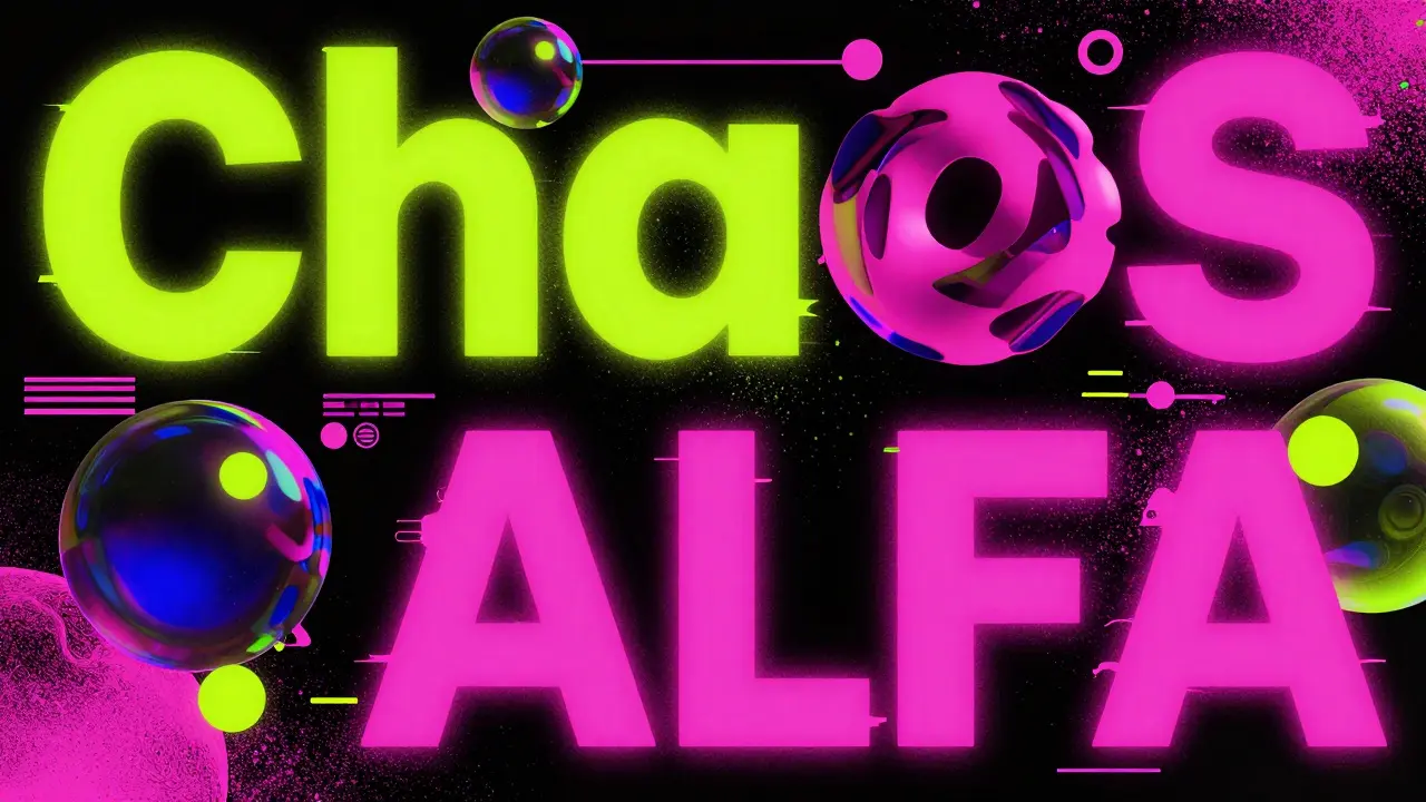 Kolaž v stylu Chaos Alfa s výraznou typografií, neonovými barvami a digitálními glitchi.