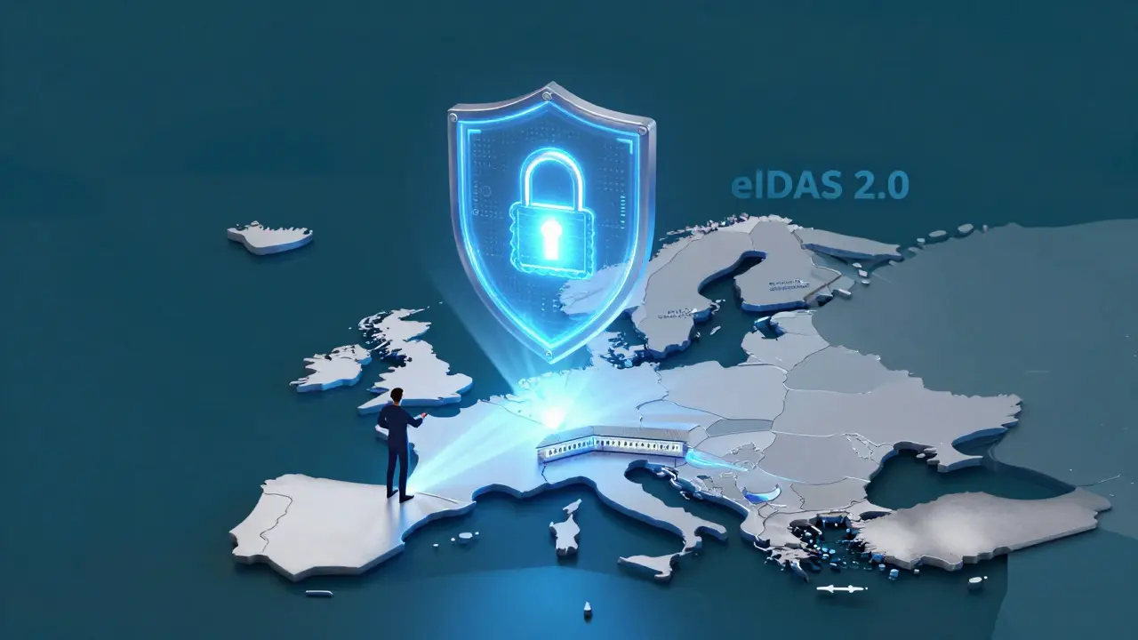 Koncept digitálního notáře s holografickou pečetí nad mapou ČR.