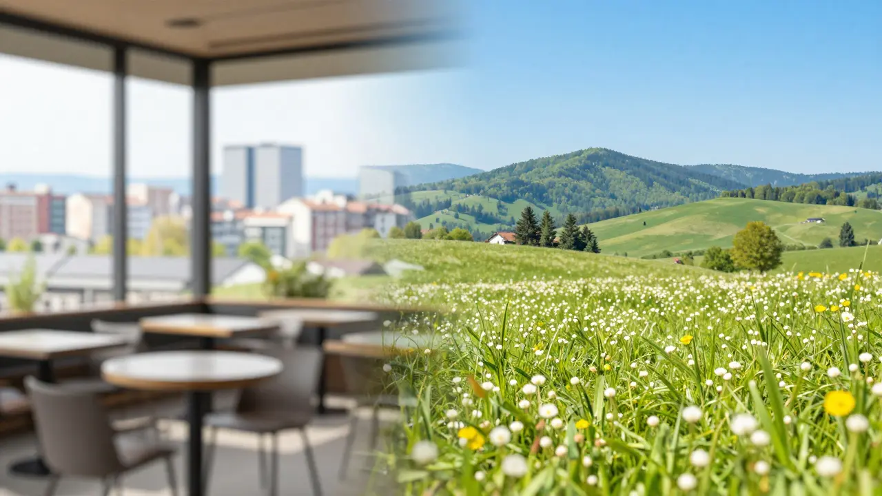 Konceptuální obraz kombinující moderní městské café a květnaté louky Bílých Karpat.
