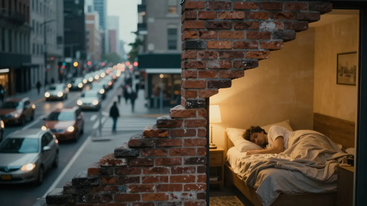 Konceptuální obraz rozdělený na hlučnou ulici a tichý, útulný interiér spaisy.