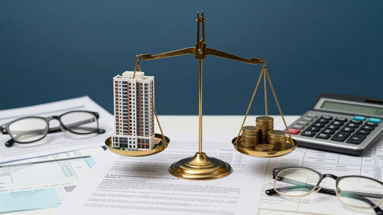 Konceptuální obraz s vahou, modelem bytu a zlatými minceřmi znázorňující výpočet daně.