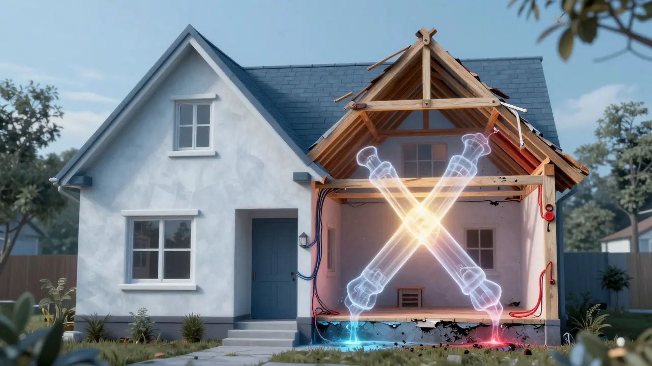 Konceptuální pohled na dům odhalující skryté technické vady v konstrukcích.