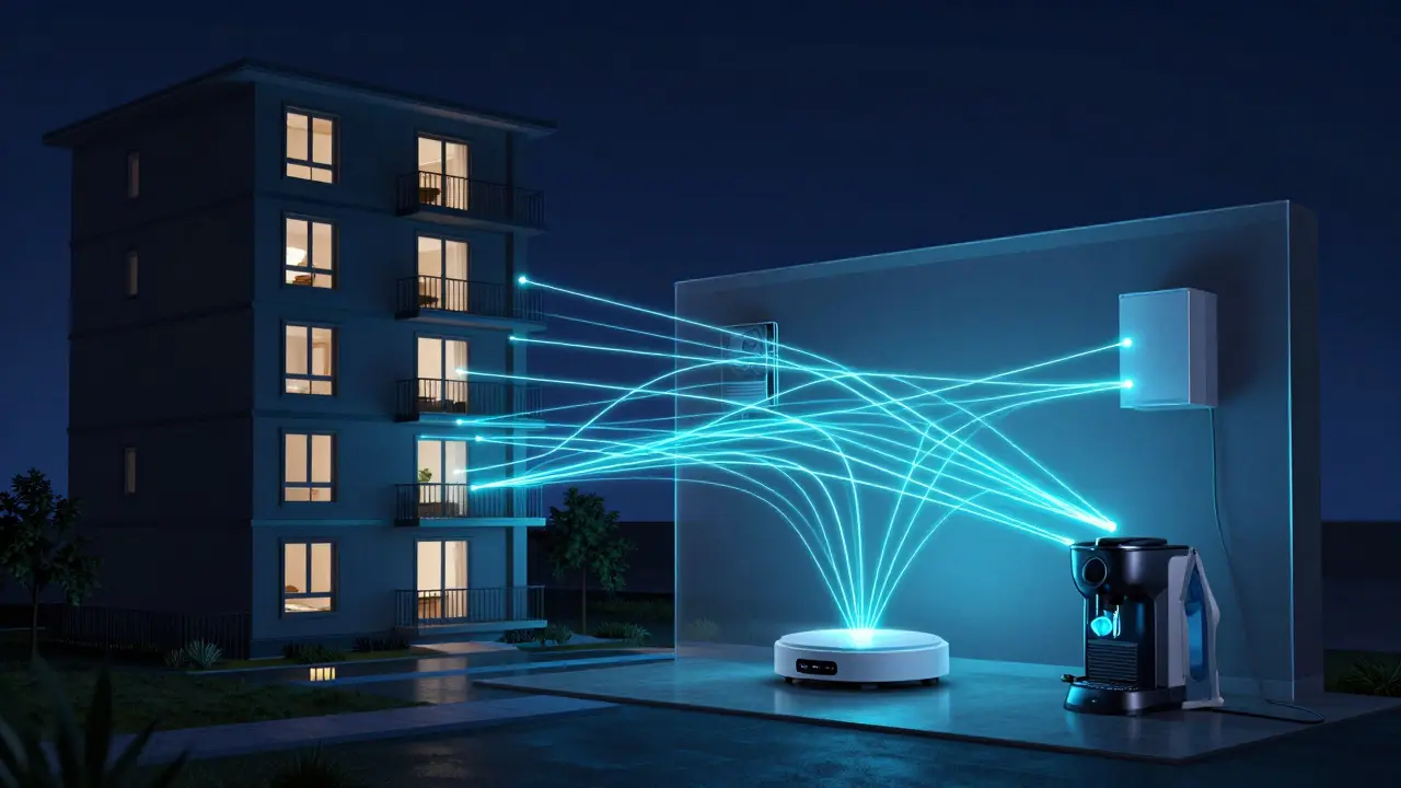 Konceptuální znázornění simulace přítomnosti a vypínání spotřebičů v chytrém bytě.