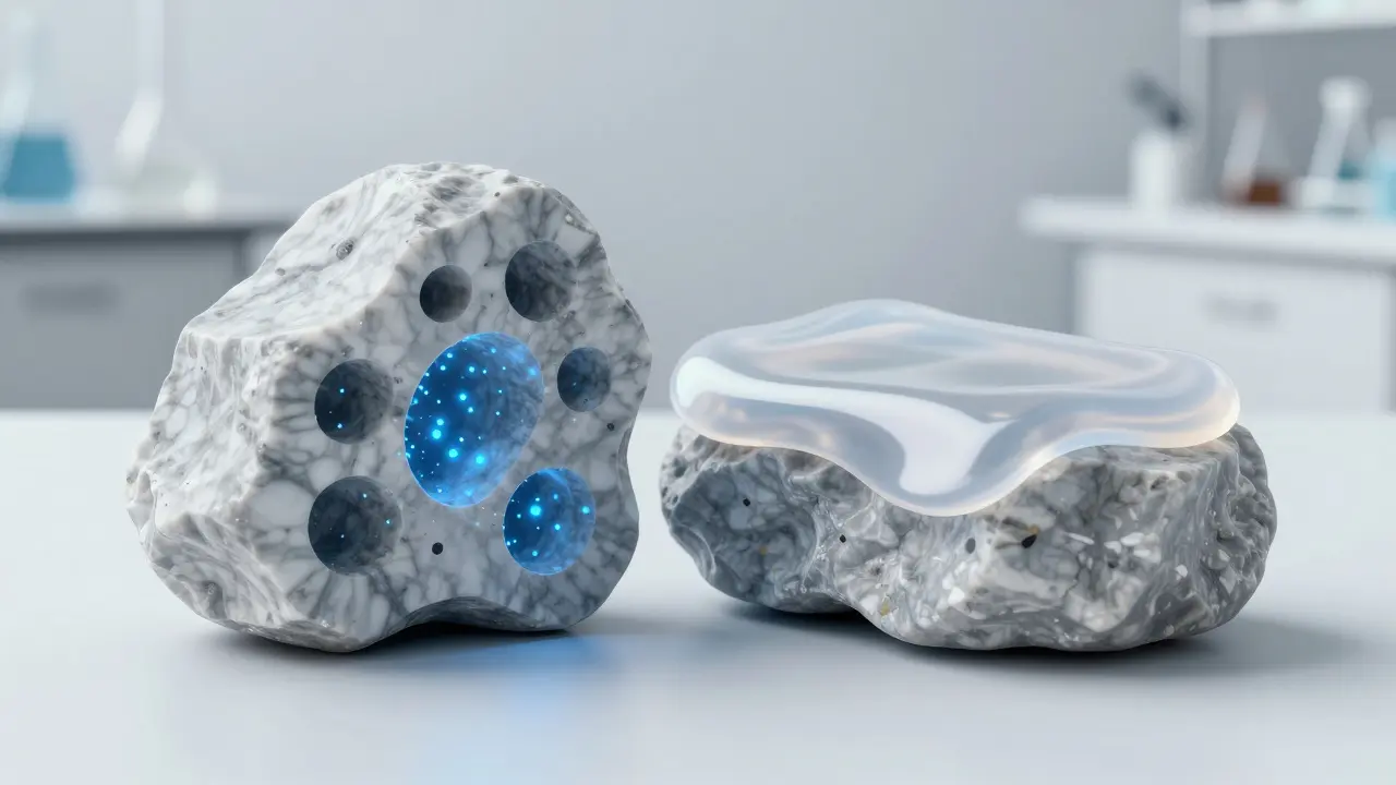 Konceptuální zobrazení nano-impregnace v pórech mramoru oproti povrchovému laku.