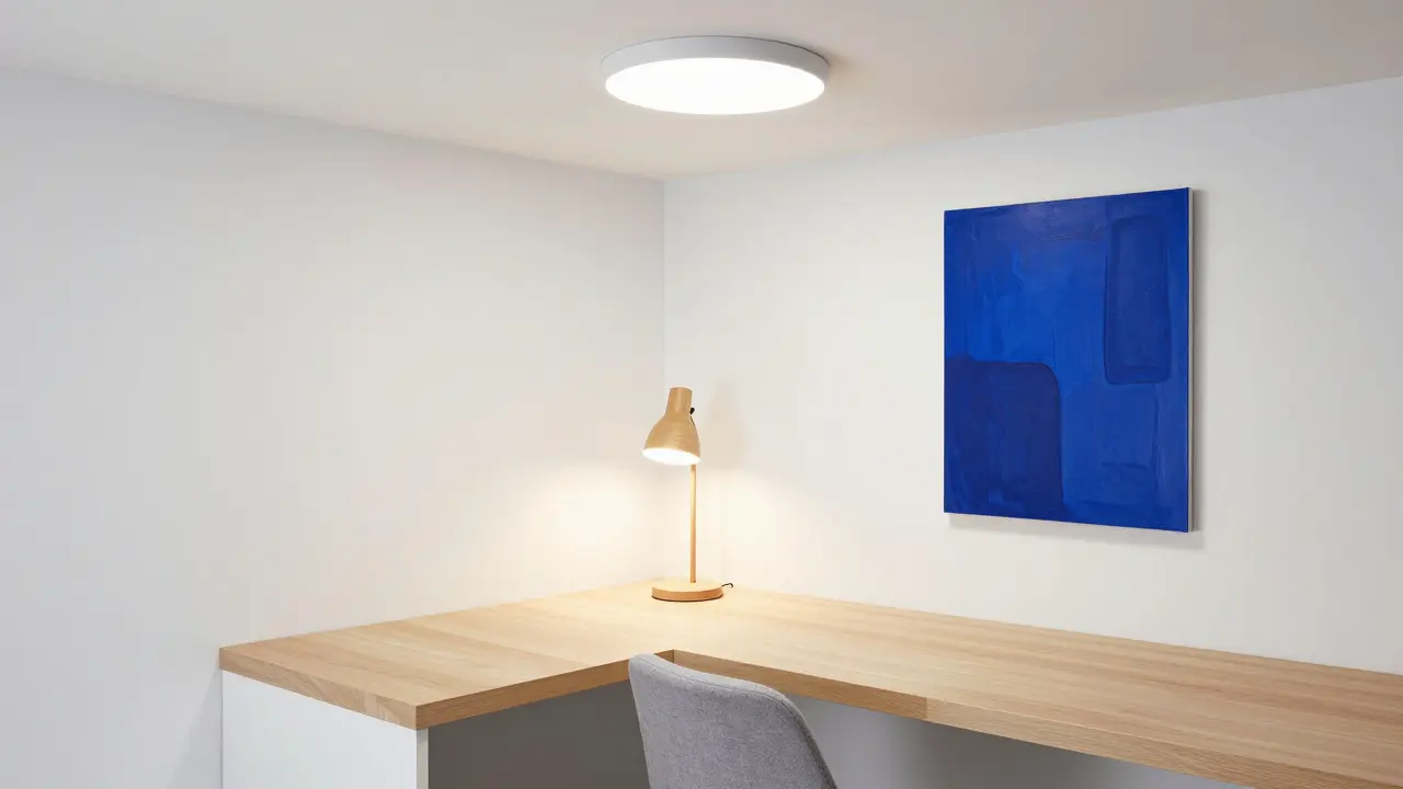 Minimalistický malý home office s kombinací neutrálního a teplého osvětlení.