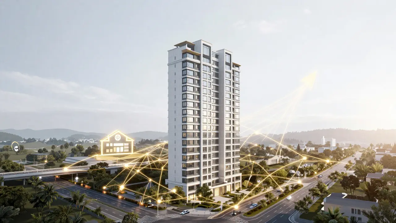 Moderní bytový dům s vizualizací dopravního napojení a služeb v okolí.