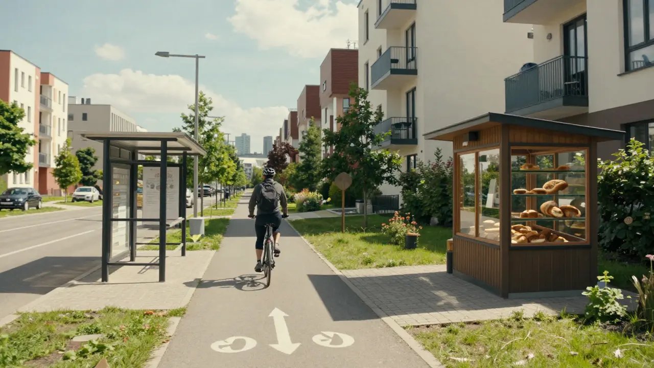 Moderní čtvrť s cyklostezkou, zastávkou MHD a místní pekárnou.