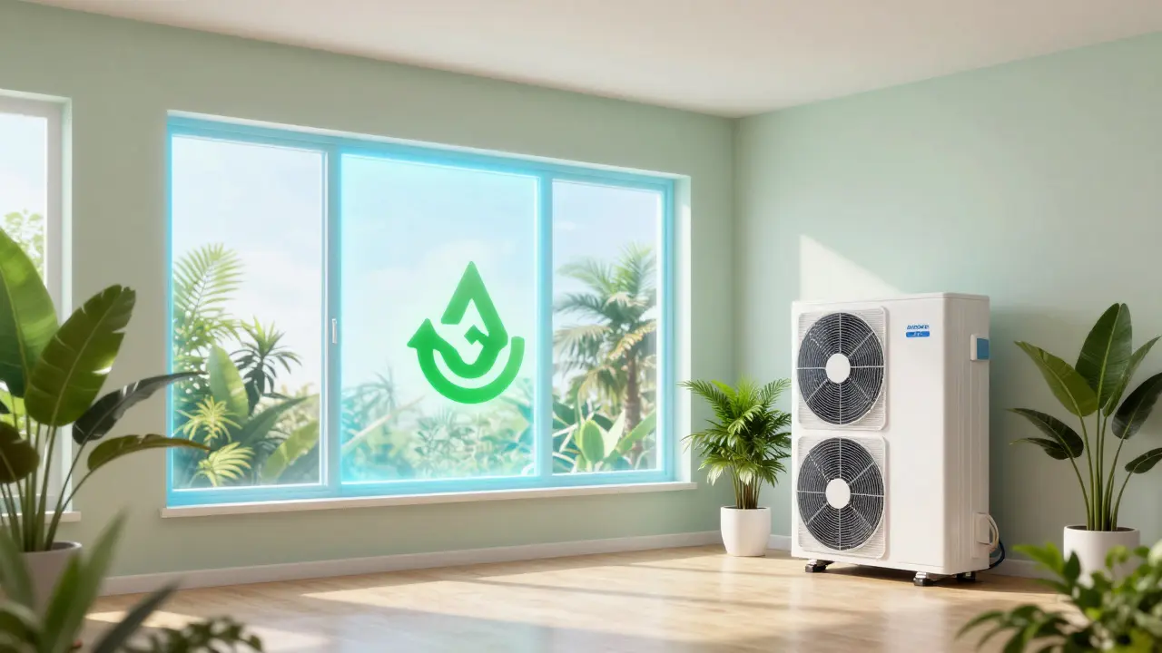 Moderní interiér s vizuálními prvky energetické úspory a ekologie.