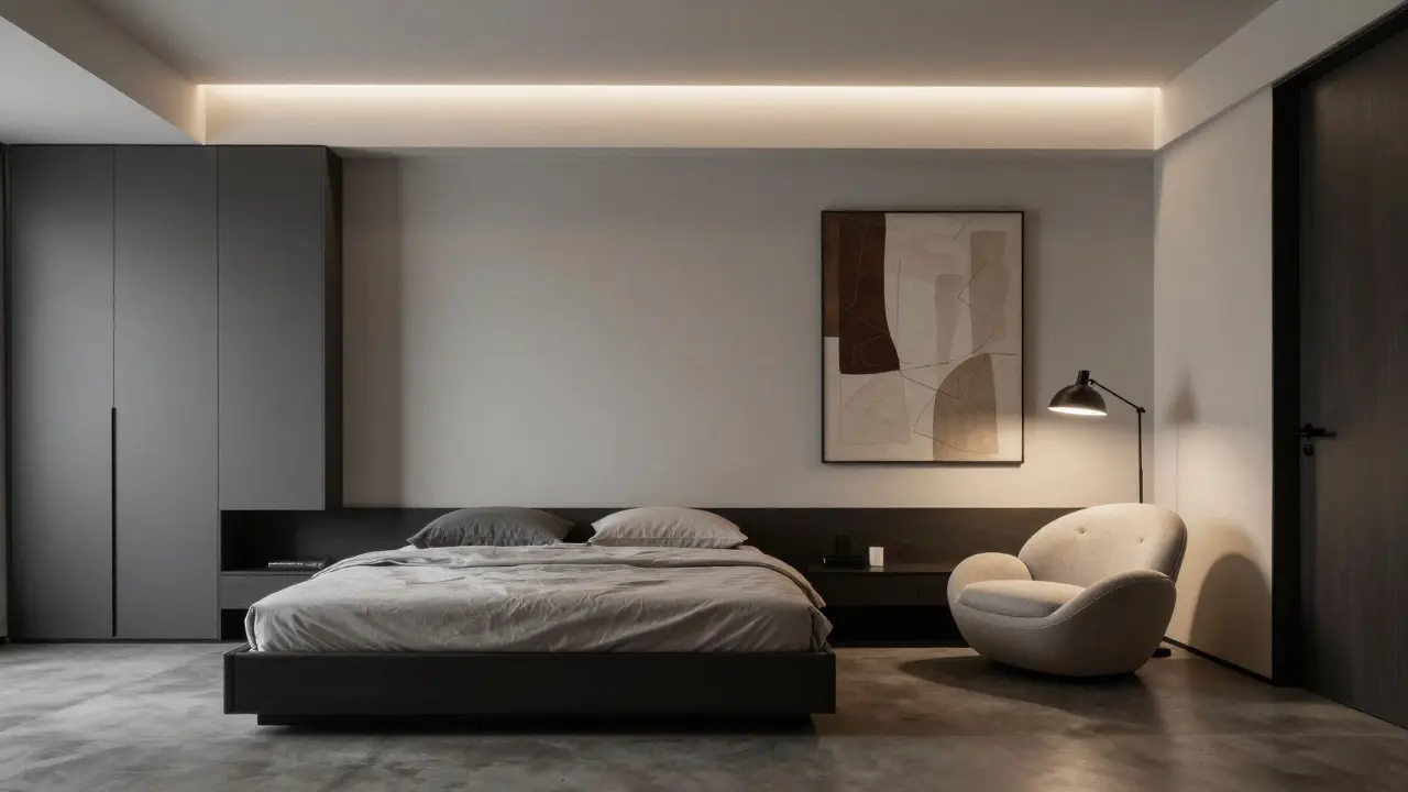 Moderní minimalistická ložnice s designovým křeslem a vestavěnou skříní.