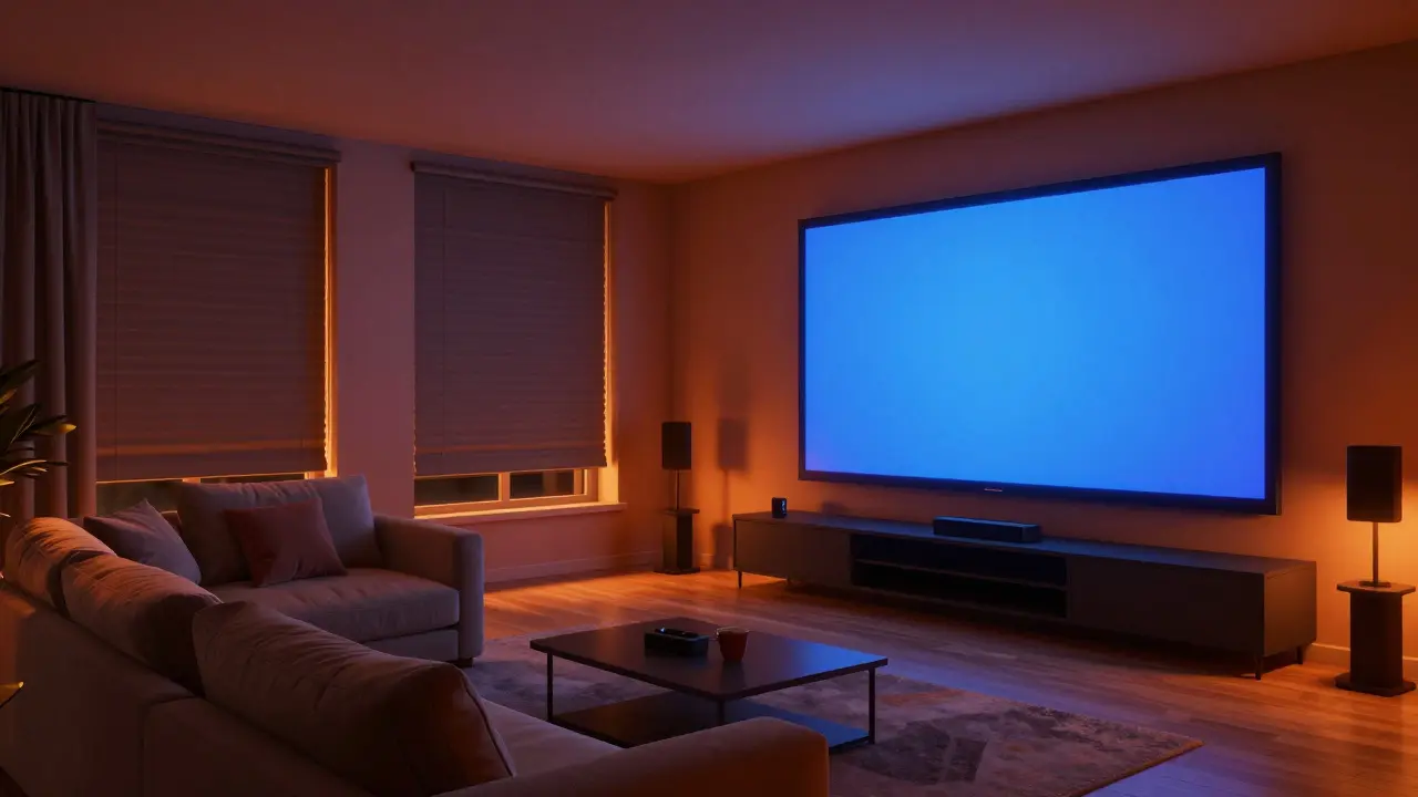 Obývací pokoj s nastrojeným filmovým režimem a tlumeným oranžovým osvětlením.