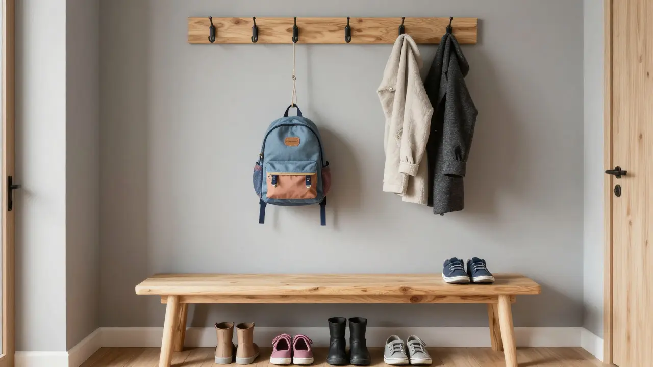 Organizovaná předsíň s dětskou lavičkou a háčky ve dvou úrovních.