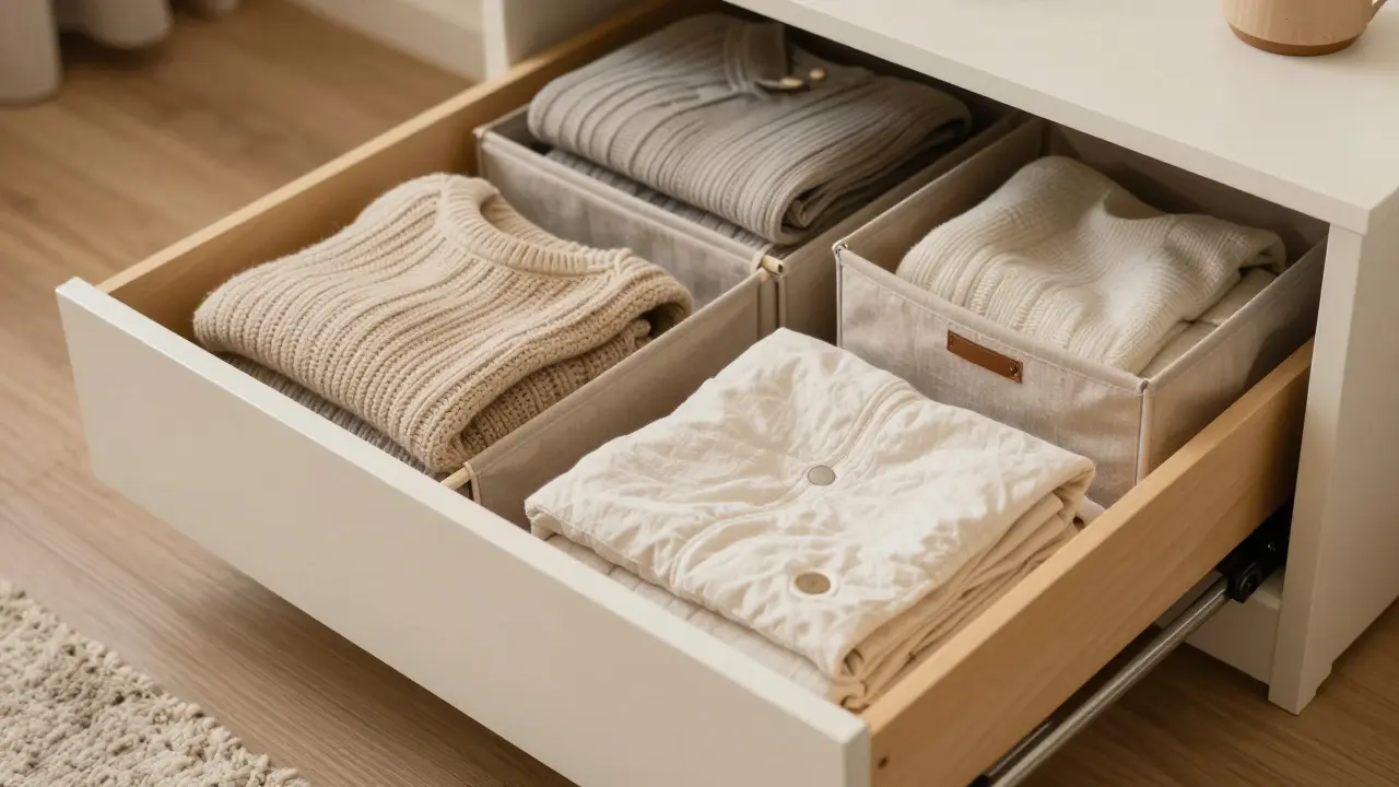 Organizované vnitřní části zásuvky pod postelí s textilními košíky.