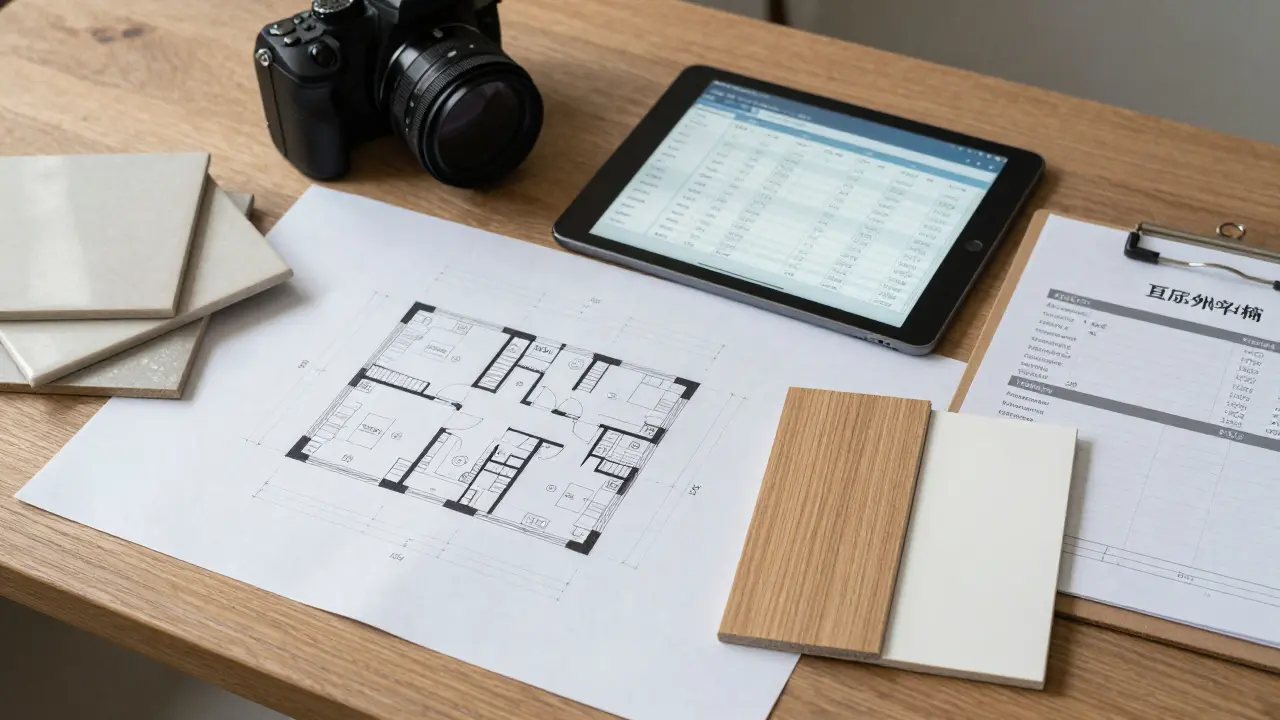 Plánovací stůl s rozpočtem, stavebním plánem a vzorky materiálů.