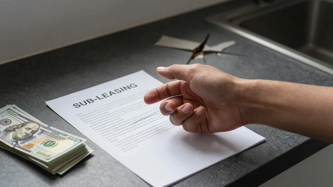 Podpis podnájemní smlouvy a předání kauce na kuchyňské ploše.