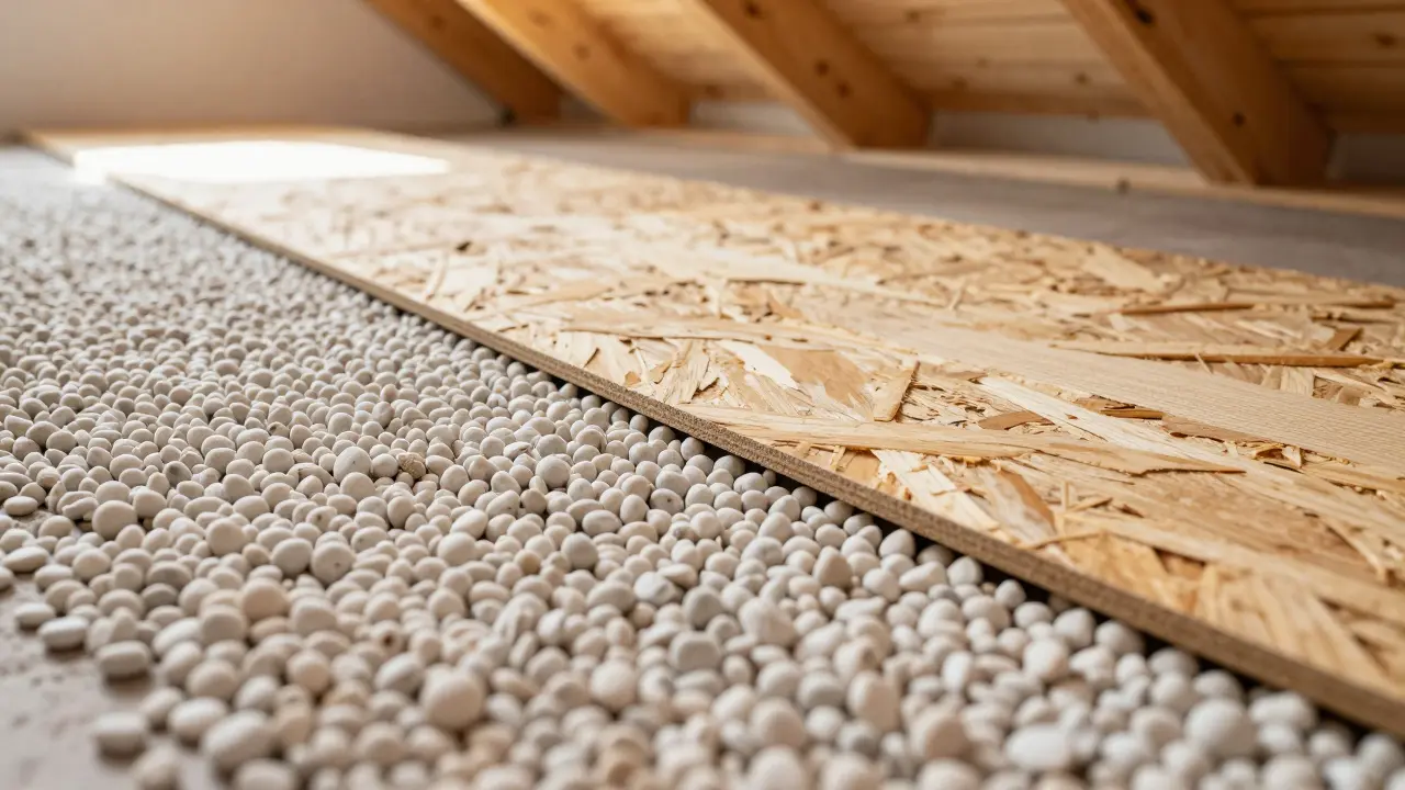 Pokládka OSB desek na podsyp z lehkého keramického šrotu Liapor.