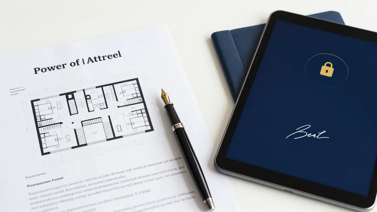 Právní dokumenty a digitální tablet na stole s plánem bytu.