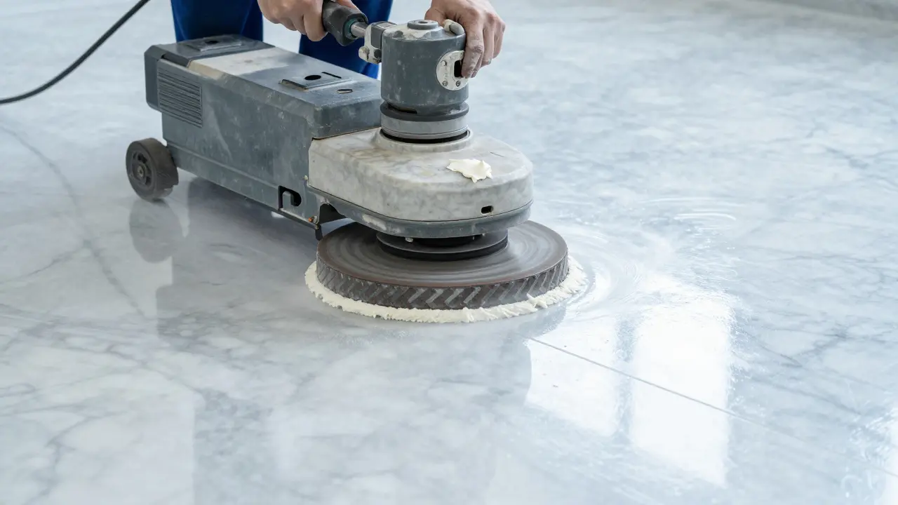 Profesionální leštící stroj v akci na mramorové podlaze s vodním efektem.