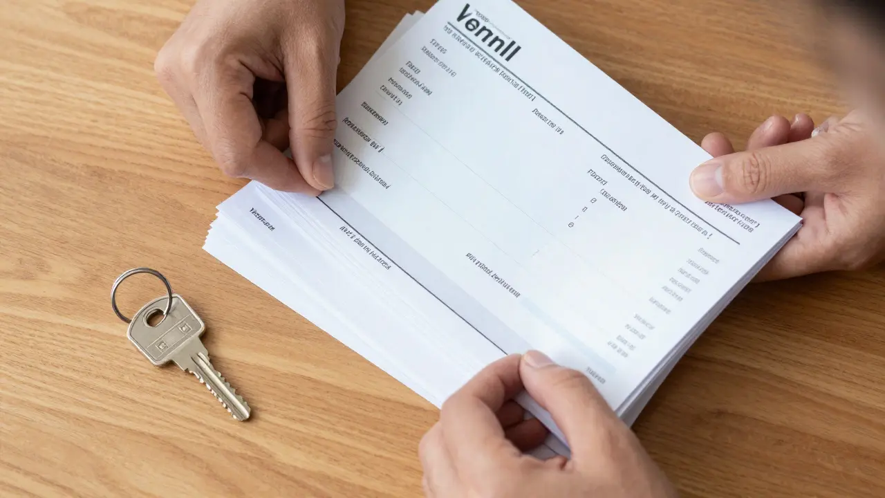 Ruka organizující faktury a účtenky vedle klíčů od domu na dřevěném stole.