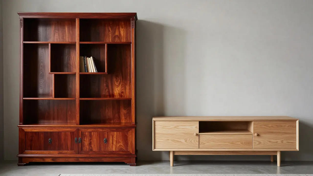 Srovnání luxusního mahagonového knihovnictví a minimalistického nábytku v Japandi stylu.