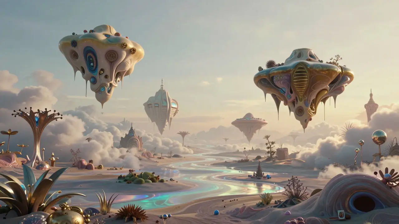 Surrealistická AI krajina s vznášejícími se budovami a nereálnými texturami.