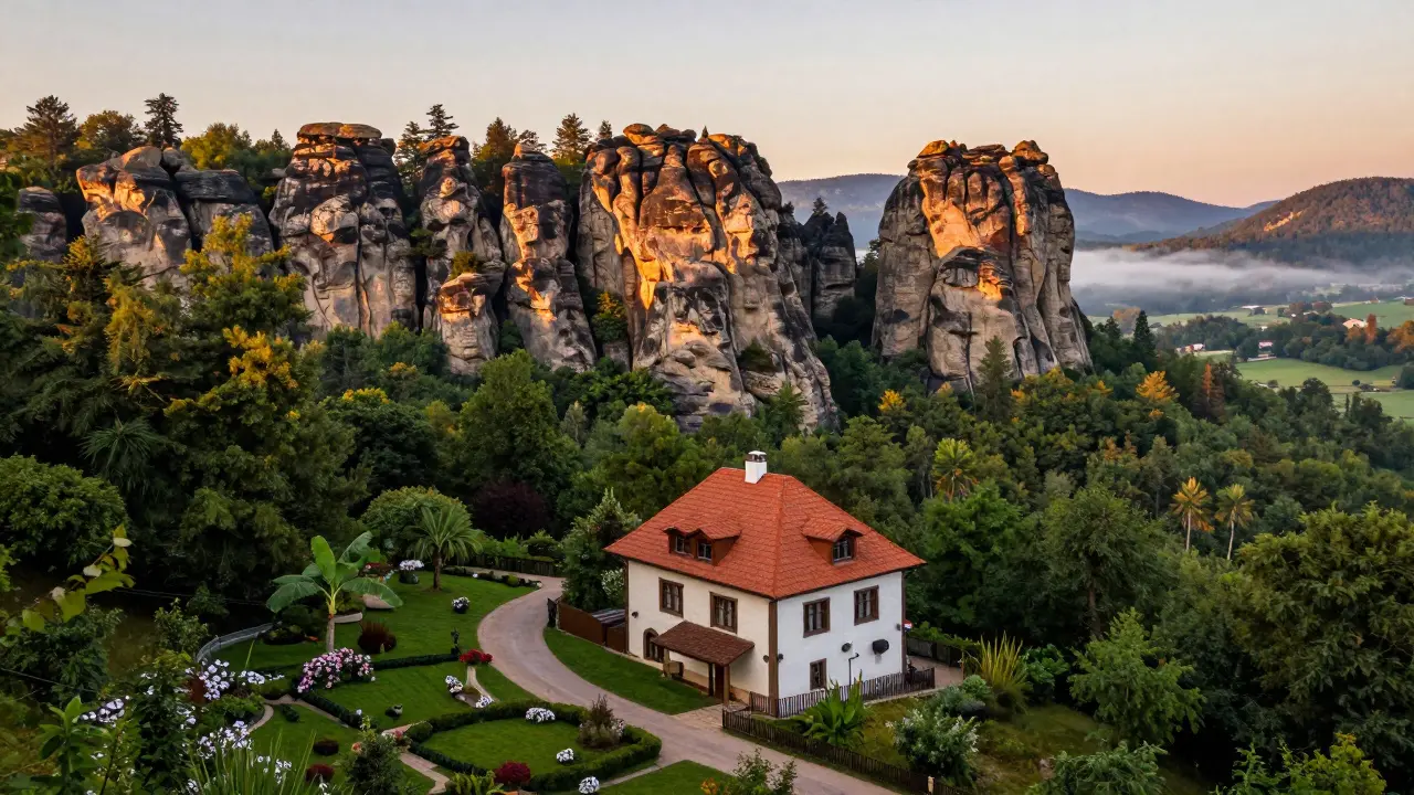 Tradiční chalupa v Českém ráji obklopená pískovcovými skalmi a lesy.