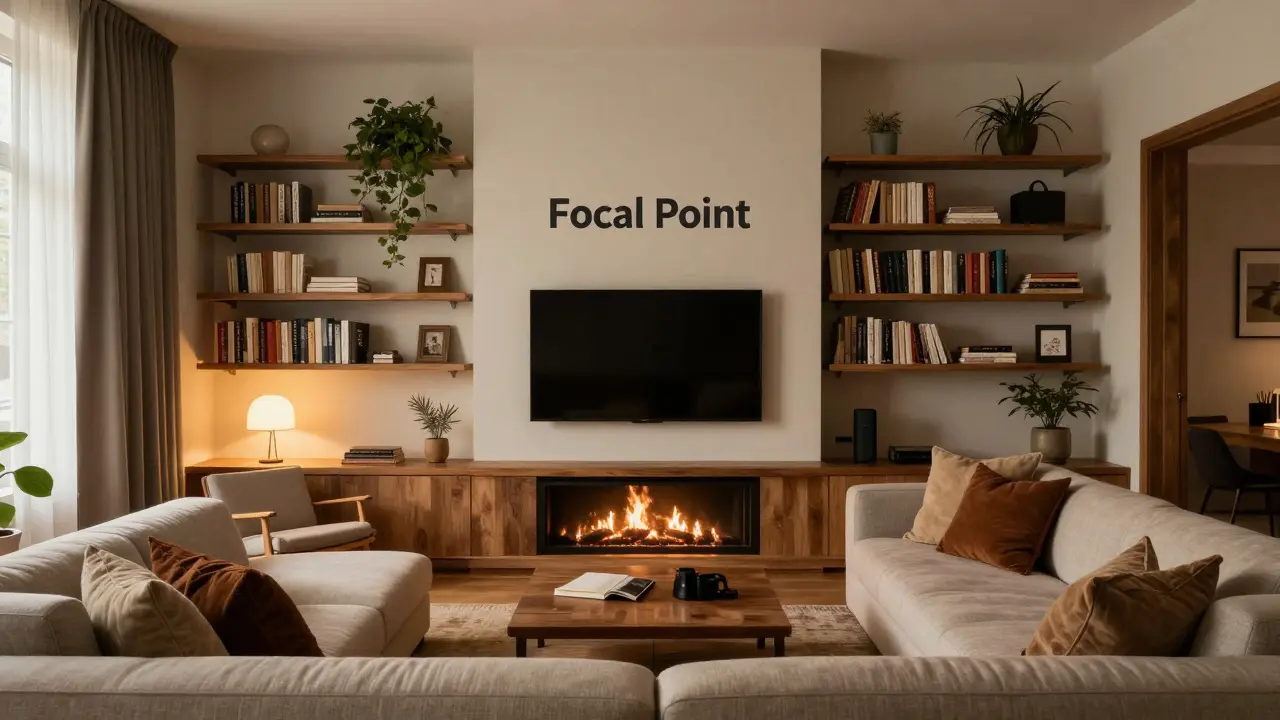 Útulný obývací pokoj s ohništěm jako ústředním bodem a modulární pohovkou v tvaru U pro společnost.