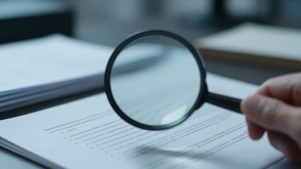 Zvětšení nad právními papíry při ověřování vlastnictví.