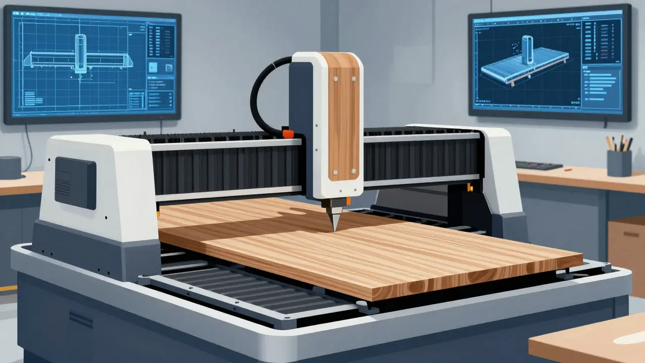 CNC stroje v dílně řezají dřevo podle digitálního návrhu pro efektivní výrobu.
