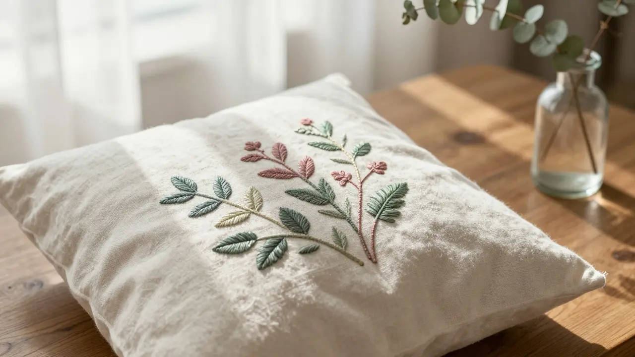 Detail vyšívaného polštáře s botanickým vzorem na lnu v měkkém světle