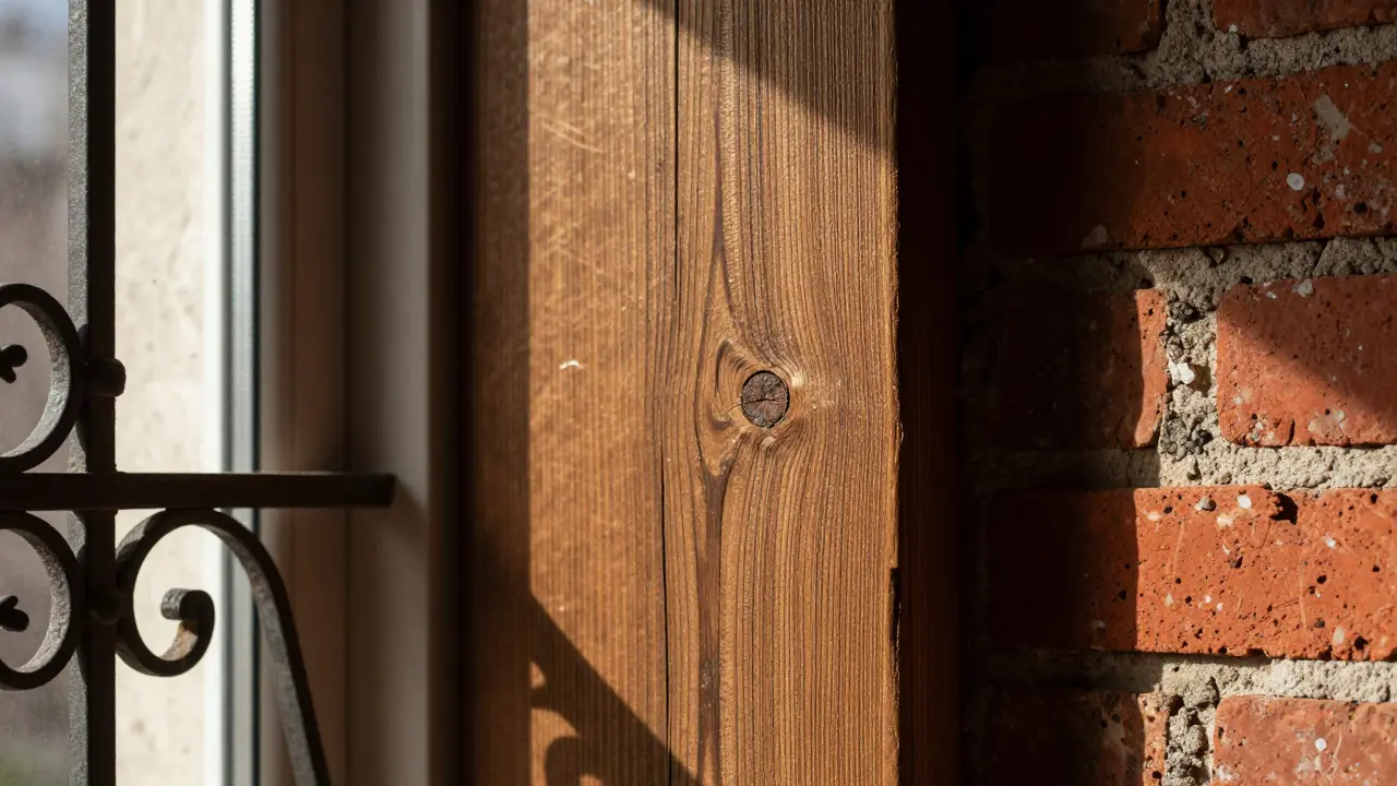 Detailní záběr na hrubé dřevo, cihly a kované železo v teplém osvětlení.