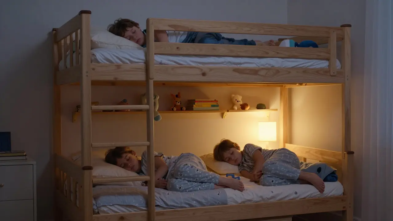Dvě děti spící v horní a spodní části postele s přistýlkou