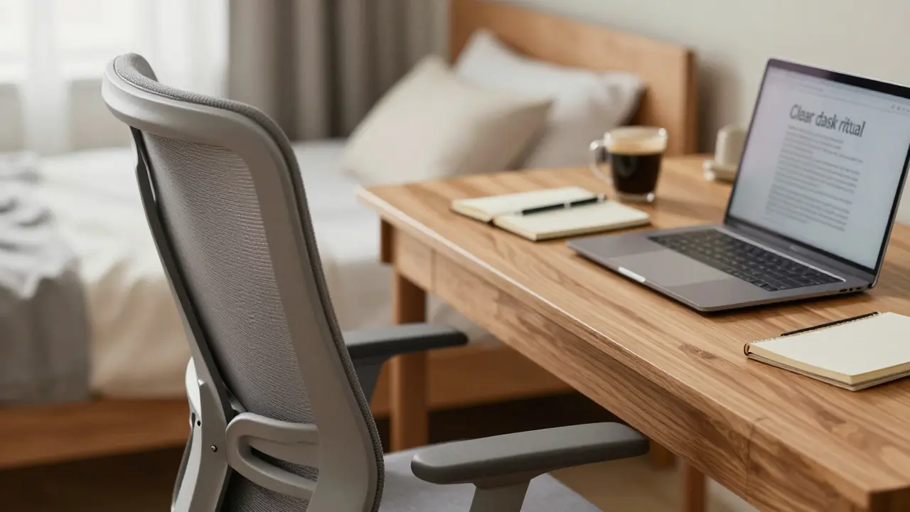 Ergonomický pracovní stůl v ložnici s čistým uspořádáním