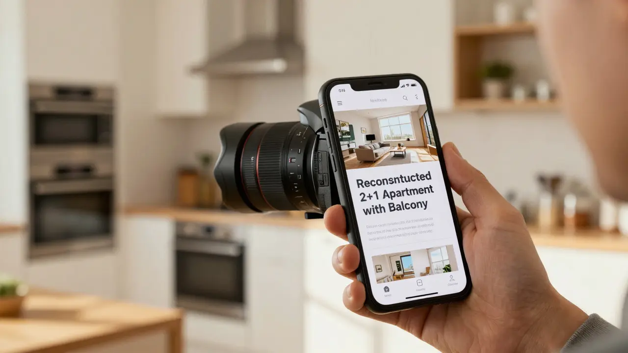 Fotograf snímá byt, telefon ukazuje nadpis inzerátu