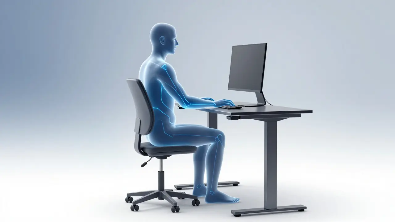 Ilustrace ergonomického sezení s zvýrazněním správného úhlu loktů a polohy očí.