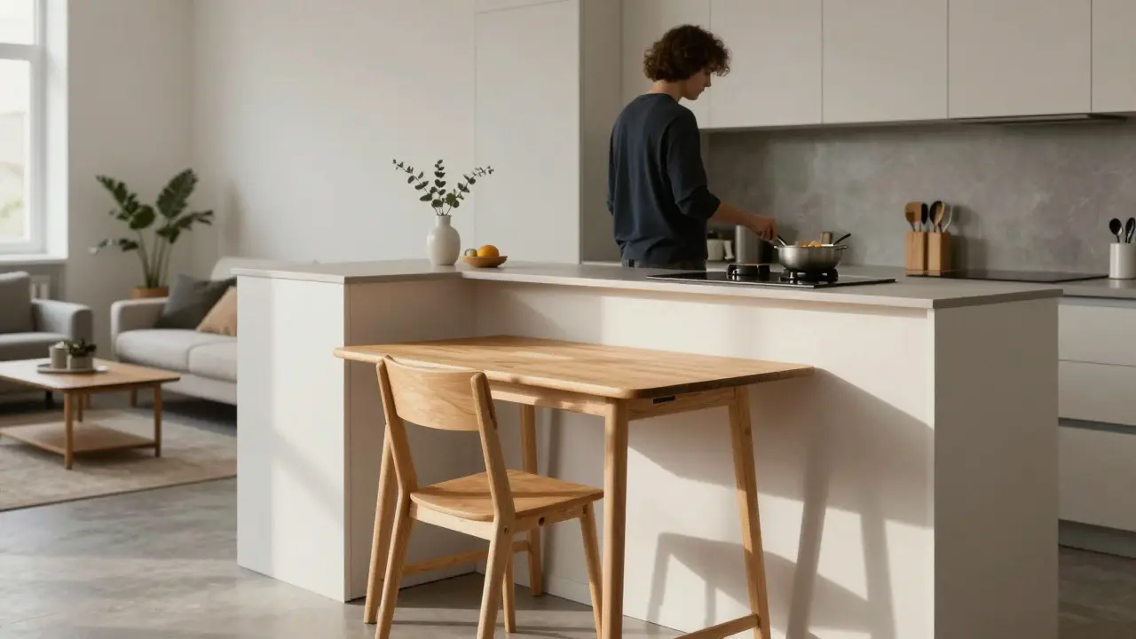 Minimalistická kuchyň se skládacím stolečkem a barem oddělujícím obývací pokoj.