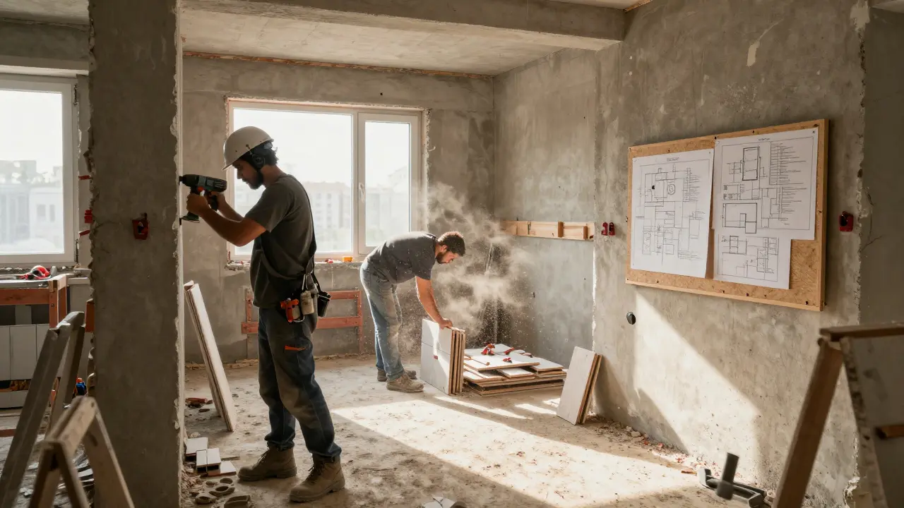 Řemeslníci pracují na rekonstrukci bytu, bourání a kladení dlažby
