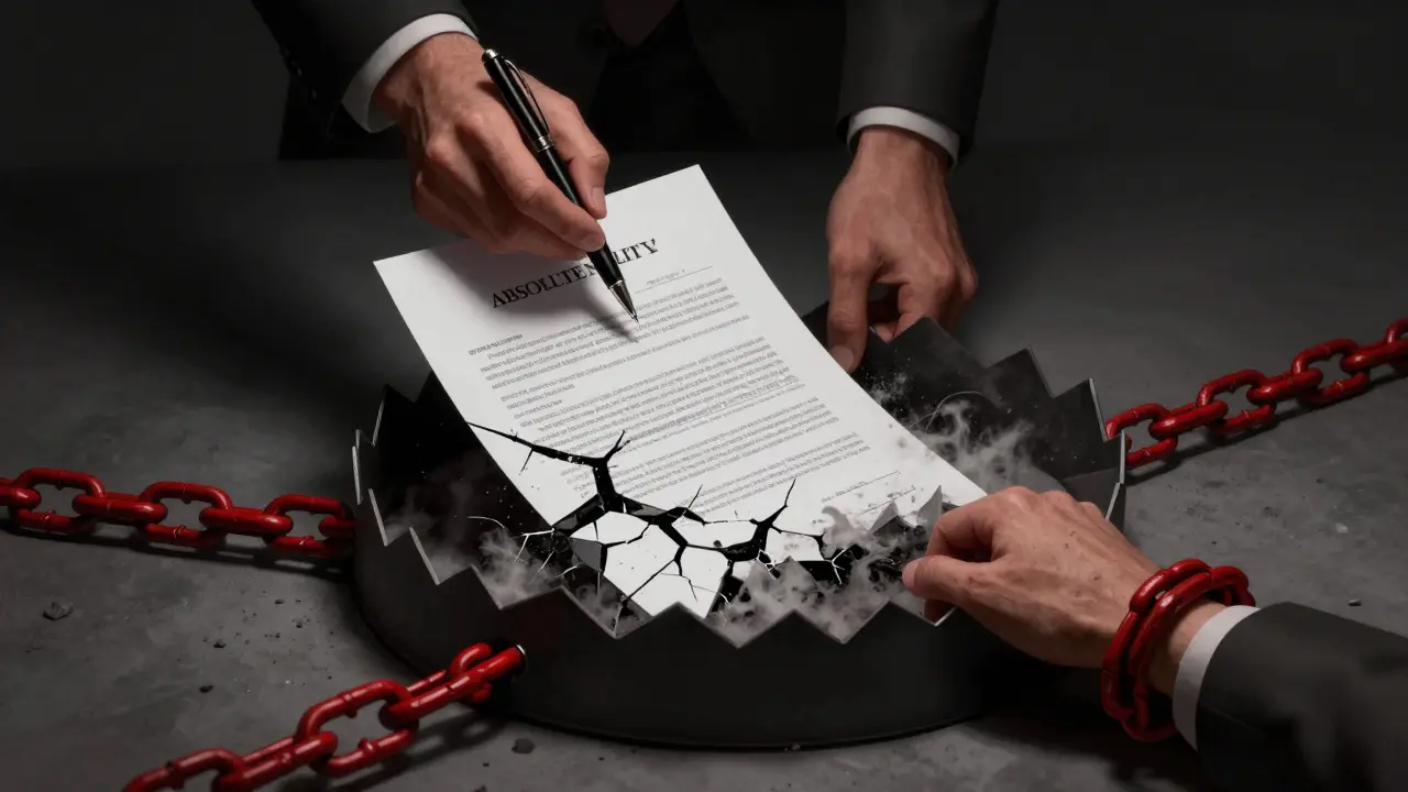 Ruce podepisující smlouvu, která se rozpadá a řetězy, symbol exekuce.