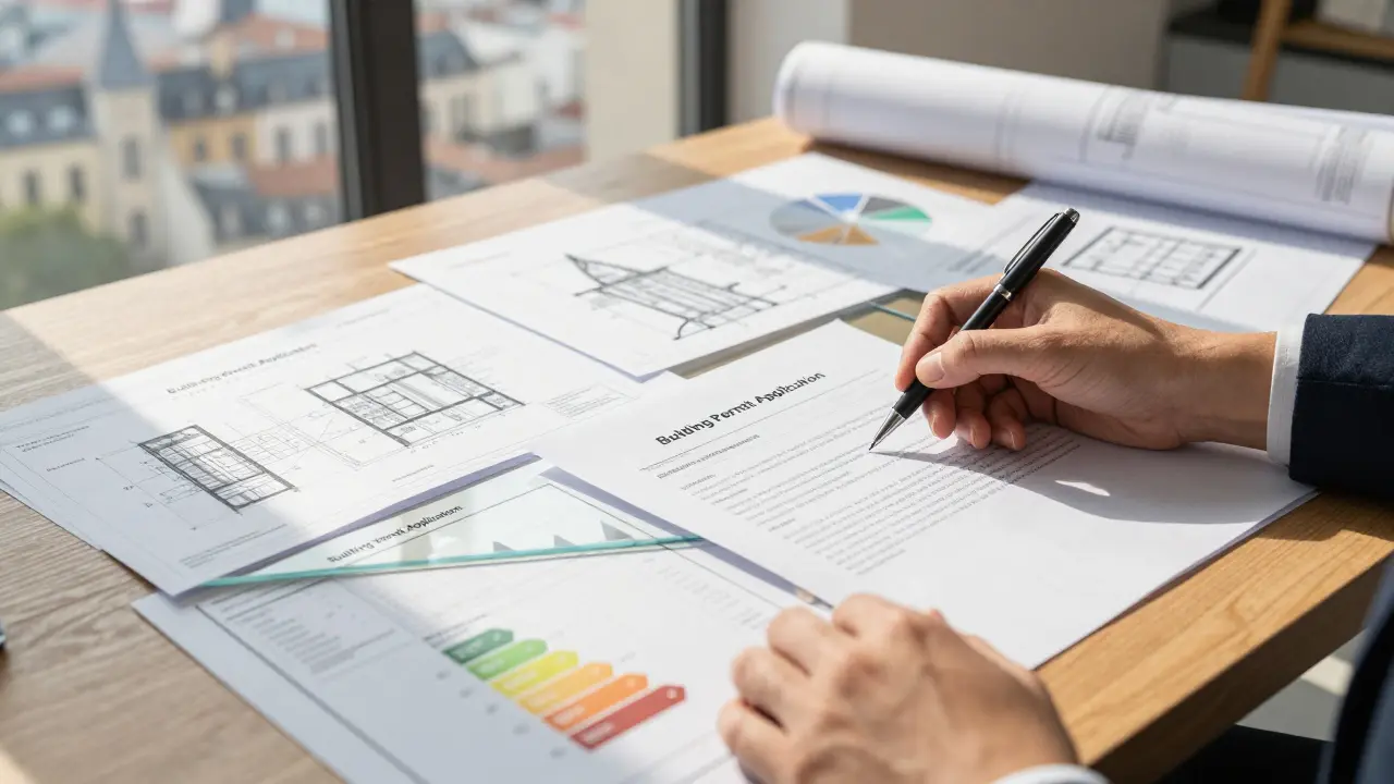 Stůl architekta s projektovou dokumentací a žádostí o povolení