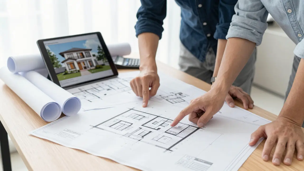 Architekt a klienti studují stavební plány domu na stole