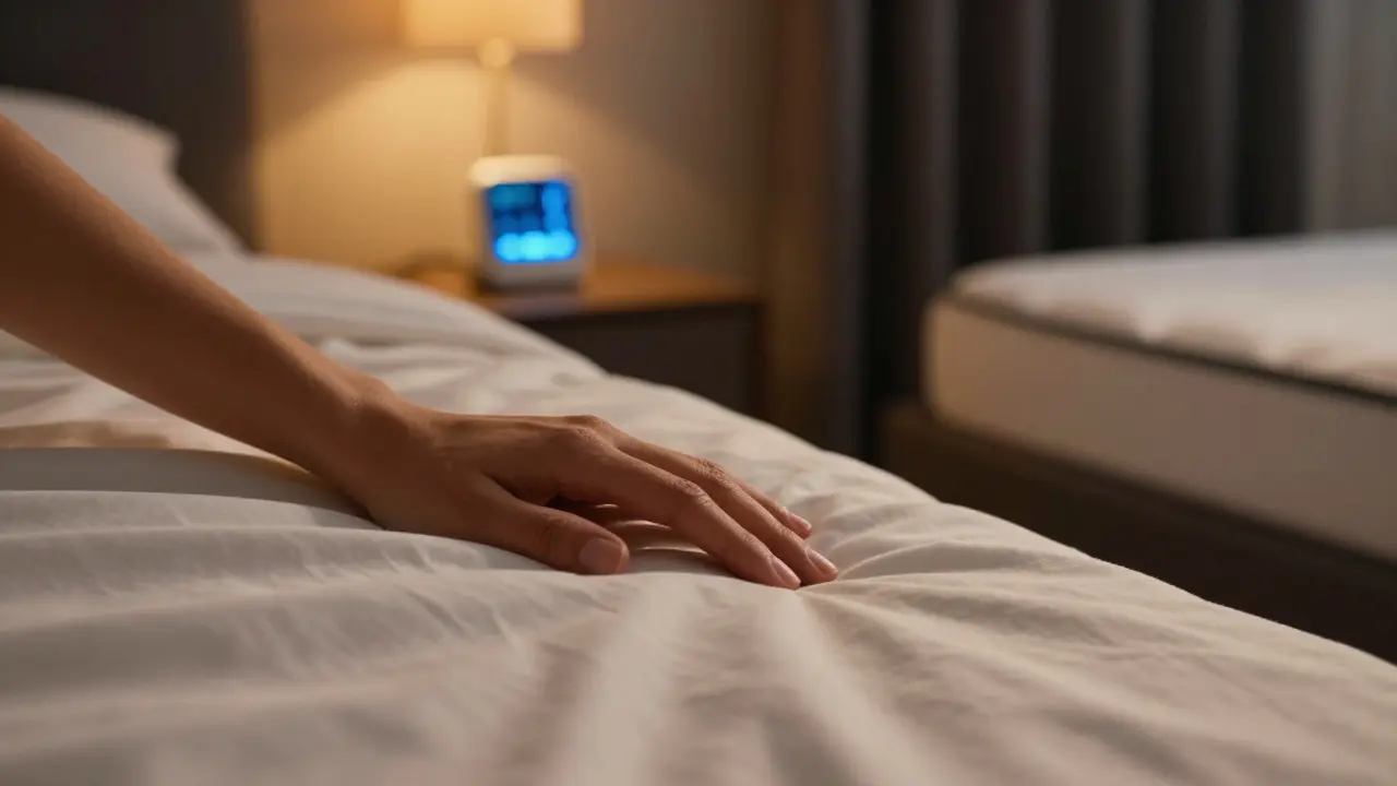 Detail jemného bavlněného povlečení a teplého osvětlení podporujícího relaxaci