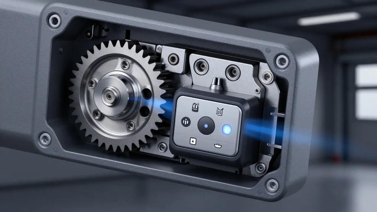 Detailní pohled na mechanismus pohonu vrat se senzory a záložní baterií
