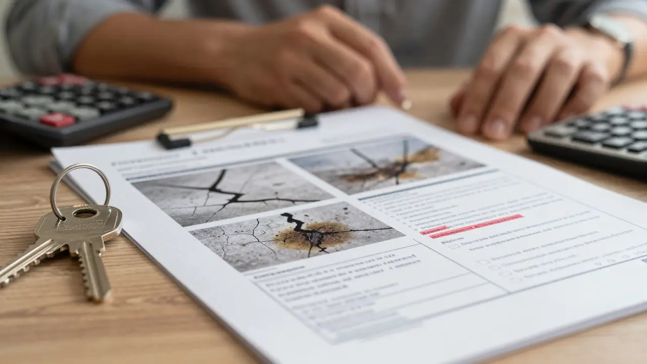Detailní technická zpráva o stavu nemovitosti vedle klíčů a kalkulačky