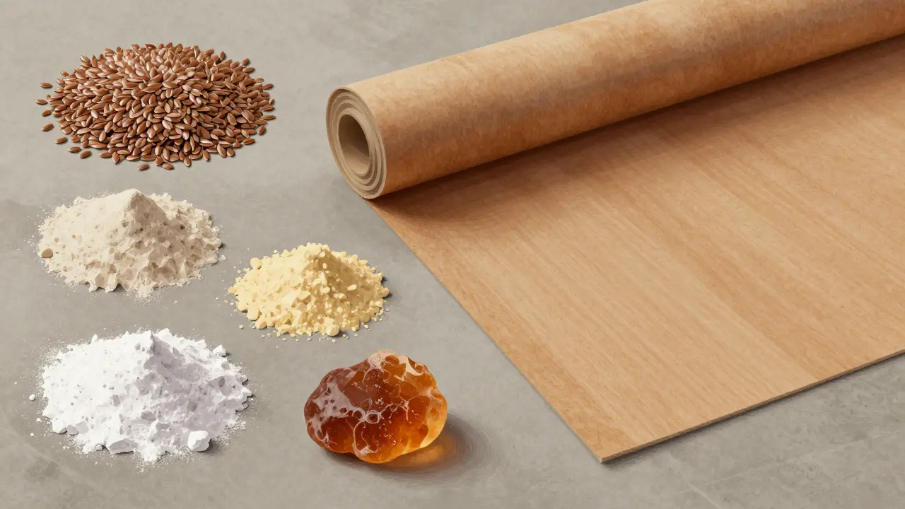 Přírodní suroviny pro výrobu pravého linolea vedle hotového materiálu