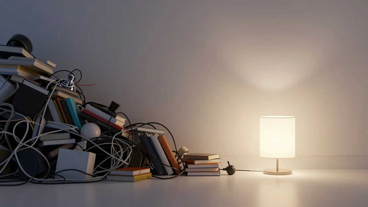 Kontrast mezi nepořádkem a uklizeným minimalistickým prostorem