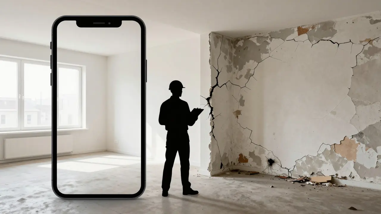 Kontrast mezi virtuální prohlídkou a reálným stavem bytu s vadami