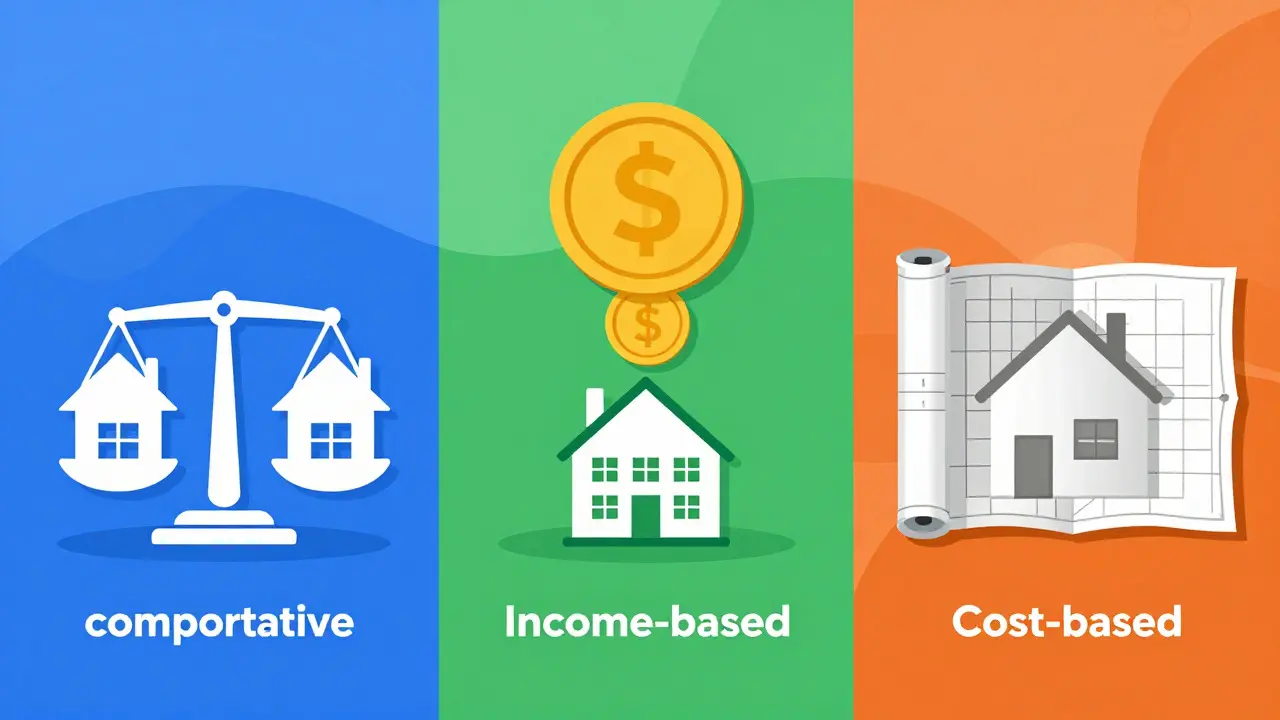 Abstract illustration of three property valuation methods: comparison, income, and cost
