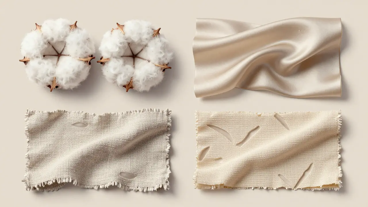 Čtyři vzorky udržitelných látek: bavlna, lyocel, len a recyklovaný polyester